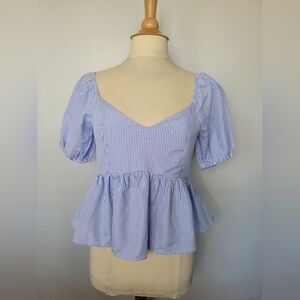 English Factory Gingham Blue & White Empire Waist Peplum Top SZ M